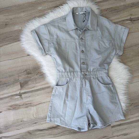 Zara Silver Denim Romper Utility Style Gorpcore Medium NWOT ef24 - Picture 1 of 6